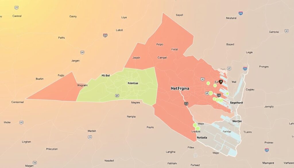 A detailed map of Northern Virginia, showcasing the coverage areas for the BEE CHARGED EV MOBILE CHARGING service. The map is rendered in a sleek, minimalist style, with a focus on major highways, roads, and population centers. The coverage areas are depicted as vibrant, translucent polygons, allowing the underlying terrain to be visible. The map is bathed in a warm, golden-hour lighting, creating a sense of reliability and accessibility. The composition emphasizes the expansive reach of the mobile charging service, capturing the region's diverse landscapes and urban centers. The overall tone is one of efficiency, accessibility, and a commitment to supporting electric vehicle drivers in Northern Virginia.