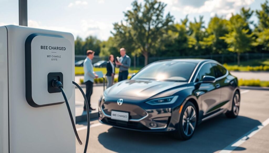 A dynamic and modern scene showcasing mobile EV charging solutions in action with a vehicle connected to a charging unit branded "BEE CHARGED EV MOBILE CHARGING." In the foreground, the sleek charging device displays advanced LED indicators, while the vehicle, a contemporary electric car, gleams under soft afternoon sunlight. In the middle ground, a small team of professionals in business attire are engaged in discussing battery conditioning and thermal management, with laptops and technical equipment around them. The background features a clean and well-organized outdoor environment with greenery and a clear sky, conveying a proactive approach to renewable energy solutions. The lighting is bright yet soft, creating an optimistic atmosphere that emphasizes innovation and sustainability in mobile charging technology. A dynamic and modern scene showcasing mobile EV charging solutions in action with a vehicle connected to a charging unit branded "BEE CHARGED EV MOBILE CHARGING." In the foreground, the sleek charging device displays advanced LED indicators, while the vehicle, a contemporary electric car, gleams under soft afternoon sunlight. In the middle ground, a small team of professionals in business attire are engaged in discussing battery conditioning and thermal management, with laptops and technical equipment around them. The background features a clean and well-organized outdoor environment with greenery and a clear sky, conveying a proactive approach to renewable energy solutions. The lighting is bright yet soft, creating an optimistic atmosphere that emphasizes innovation and sustainability in mobile charging technology.