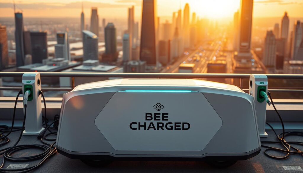 A dynamic, futuristic scene showcasing the "BEE CHARGED EV MOBILE CHARGING" solution. In the foreground, a sleek, electric-powered mobile charging unit with the BEE CHARGED logo prominently displayed. Surrounded by an array of state-of-the-art charging ports and cables, conveying the versatility of the system. In the middle ground, a modern city skyline with towering high-rises and bustling streets, hinting at the growing demand for convenient EV charging in urban environments. The background is illuminated by a golden, sunset glow, creating a warm, inviting atmosphere. Subtle light reflections on the charging unit's surface add a touch of dynamism, drawing the viewer's attention to the innovative technology on display.