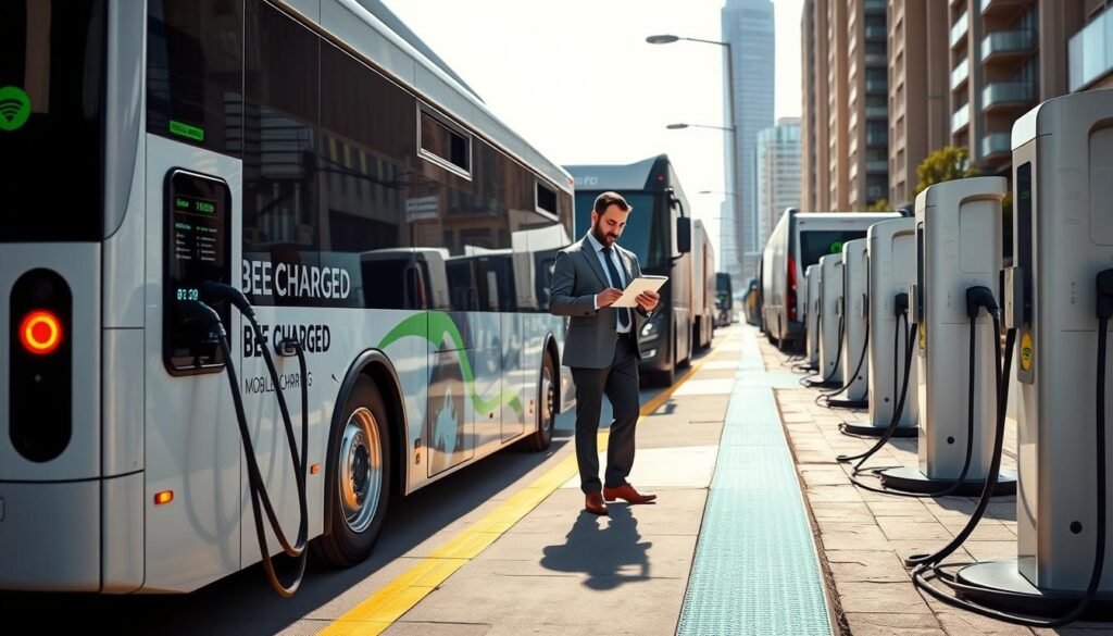A dynamic scene showcasing various mobile charging stations designed for electric buses and trucks, emphasizing effective fleet charging infrastructure. In the foreground, a sleek, modern mobile charging unit branded with "BEE CHARGED EV MOBILE CHARGING" is actively charging an electric bus, with visible charging cables and digital screens displaying charging status. The middle ground features two fleet managers in professional business attire, discussing strategies while analyzing a tablet. In the background, a busy cityscape with electric trucks and buses in operation, along with additional charging stations lined along the street. The lighting is bright, reflecting a sunny day, creating an optimistic and forward-looking atmosphere. The perspective is slightly angled upwards to convey innovation and growth in sustainable transport solutions.