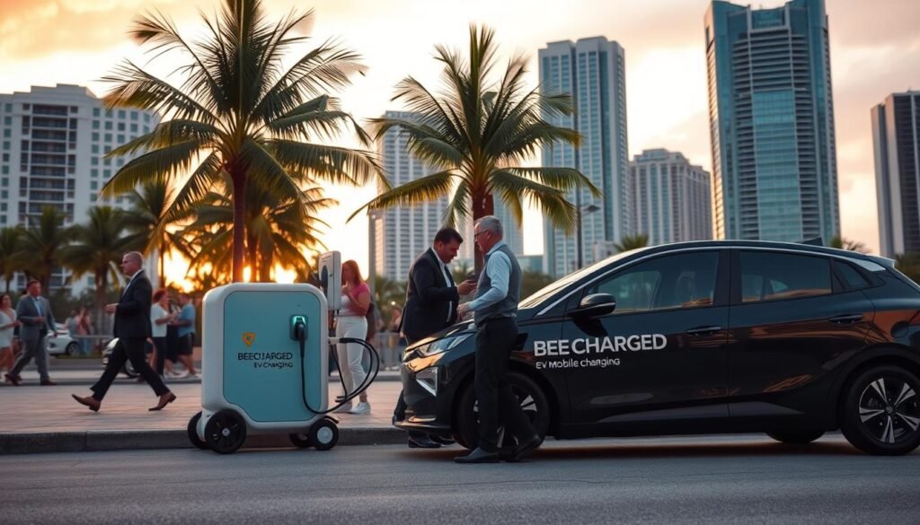 A dynamic urban scene depicting electric vehicle adoption trends in Miami, set in 2026. In the foreground, a sleek, modern electric vehicle is parked beside a mobile charging unit emblazoned with "BEE CHARGED EV MOBILE CHARGING". The middle ground features busy professionals in business attire, interacting with the mobile charger, showcasing a mix of convenience and technology. Palm trees sway gently, hinting at Miami's warm climate in the background, where iconic skyscrapers reflect the vibrant sunset colors. Soft, warm lighting illuminates the scene, creating a hopeful and innovative atmosphere. The composition is shot from a slightly elevated angle to capture the bustling environment, emphasizing the solutions provided by mobile EV charging.
