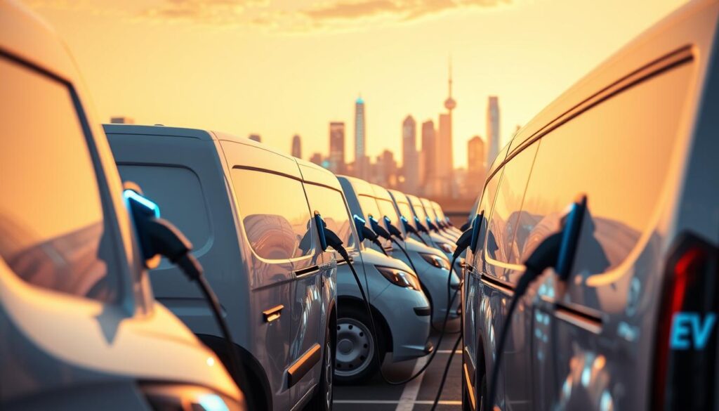 A fleet of electric delivery vans charging at a futuristic "BEE CHARGED EV MOBILE CHARGING" station. The sleek, white vehicles are lined up, their charging ports illuminated by soft blue lights. In the background, a modern city skyline reflects off the polished surfaces. The scene is bathed in a warm, golden glow, creating a sense of efficiency and progress. The charging equipment is streamlined and intuitive, inviting the drivers to quickly replenish their batteries and get back on the road. This vision of a sustainable, high-tech future for delivery fleets captivates the viewer, emphasizing the benefits of mobile EV charging.