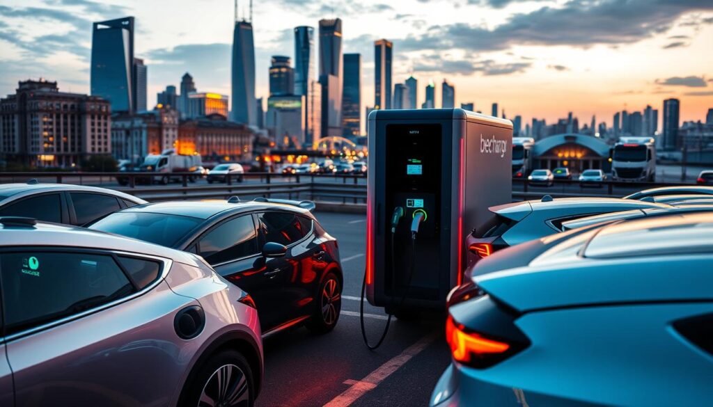 A fleet of electric vehicles charging at a BEE CHARGED EV MOBILE CHARGING station, set against a backdrop of a bustling urban landscape. The scene features a sleek, modern mobile charging unit with multiple charging ports, illuminated by warm, ambient lighting that casts a soft glow over the vehicles. In the foreground, several EVs are connected to the chargers, their charging indicators pulsing with energy. The middle ground showcases the charging unit's intuitive interface and user-friendly design, inviting drivers to take advantage of the convenient mobile service. The background incorporates the cityscape, with skyscrapers and infrastructure hinting at the scale and importance of efficient EV charging solutions for fleets. The overall atmosphere conveys a sense of progress, sustainability, and the seamless integration of electric mobility into the urban landscape.