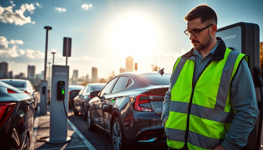 A fleet of electric vehicles charging at a BEE CHARGED EV MOBILE CHARGING station, set against a backdrop of a sun-dappled cityscape. The charging units are sleek and modern, with vivid LED indicators illuminating the power flow. In the foreground, a technician in a high-visibility vest inspects the connections, ensuring a seamless charging experience. Soft, warm lighting enhances the scene, conveying a sense of efficiency and reliability. The overall composition emphasizes the importance of emergency roadside charging for EV drivers, with the BEE CHARGED brand prominently featured.