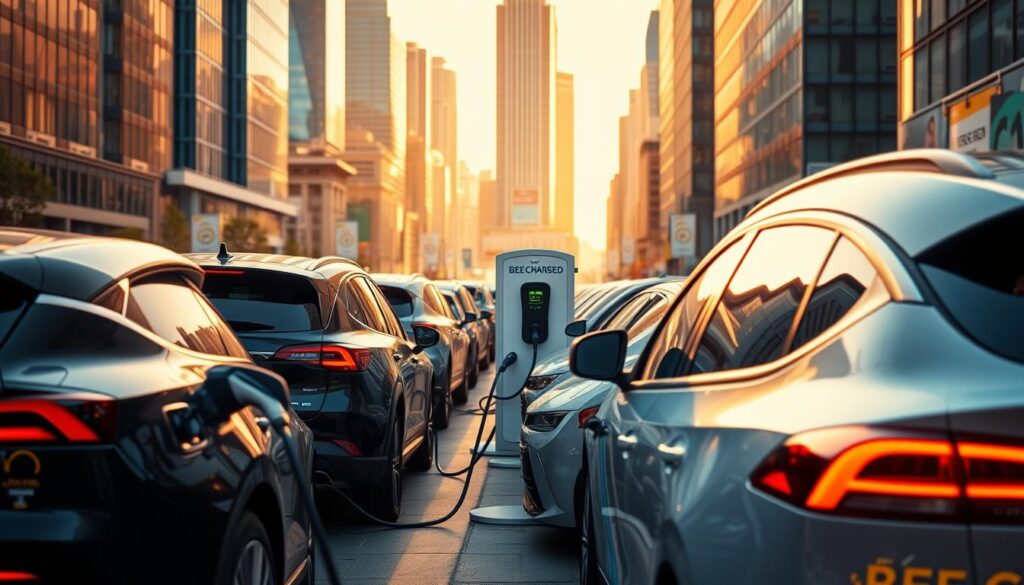 A fleet of electric vehicles charging at a commercial BEE CHARGED EV MOBILE CHARGING station, set against a modern urban backdrop. The scene is bathed in warm, golden light, creating a sense of efficiency and progress. In the foreground, sleek EVs of various models are plugged into the mobile charging units, their charging ports illuminated. In the middle ground, the BEE CHARGED EV MOBILE CHARGING branding is prominently displayed on the charging stations, conveying a sense of reliability and innovation. The background features tall skyscrapers and bustling city streets, hinting at the widespread adoption of electric vehicles in this commercial landscape. The overall atmosphere is one of a sustainable, future-forward vision for urban mobility.