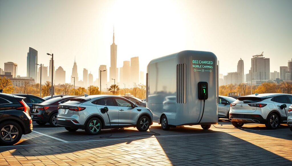 A fleet of electric vehicles charging at a sleek, modern "BEE CHARGED EV MOBILE CHARGING" station. The scene is bathed in warm, golden sunlight, casting long shadows on the pavement. In the foreground, various EVs of different makes and models are plugged in, their charging ports glowing with an ethereal light. The middle ground features the mobile charging unit, its smooth, rounded exterior gleaming like a futuristic oasis. In the background, a cityscape of towering skyscrapers and bustling streets sets the urban context. The overall atmosphere conveys a sense of progress, sustainability, and the city's commitment to supporting the needs of its electric fleet.