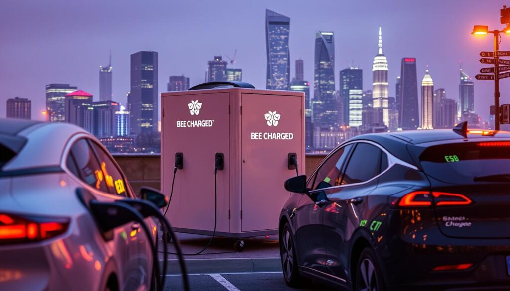 A fleet of electric vehicles charging at a state-of-the-art BEE CHARGED EV MOBILE CHARGING station. The scene is bathed in warm, diffused lighting, creating a welcoming atmosphere. In the foreground, sleek, modern EV models are plugged into charging ports, their batteries replenishing swiftly. The middle ground features the BEE CHARGED branding prominently displayed on the mobile charging unit, its design both practical and visually striking. In the background, a city skyline with towering skyscrapers and a vibrant, bustling atmosphere. The overall impression is one of efficiency, innovation, and a commitment to sustainable transportation solutions.
