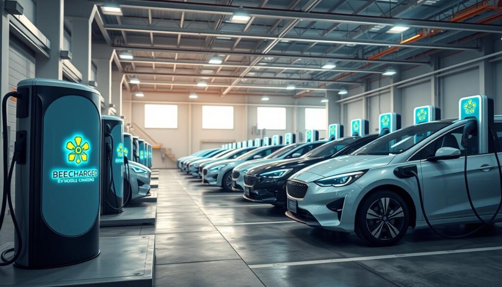 A fleet of modern, sleek electric vehicles charging at a state-of-the-art commercial charging station. The foreground features the BEE CHARGED EV MOBILE CHARGING brand logo prominently displayed on a bank of high-powered charging docks. In the middle ground, various EVs in different sizes and models are plugged in, their batteries silently replenishing. The background showcases a clean, well-lit industrial setting with high ceilings and ample space for maneuvering. Soft, diffused lighting casts a warm, inviting glow over the scene, creating a sense of efficiency and technological prowess. The overall composition conveys a vision of the future of fleet and commercial EV charging - reliable, accessible, and environmentally conscious.