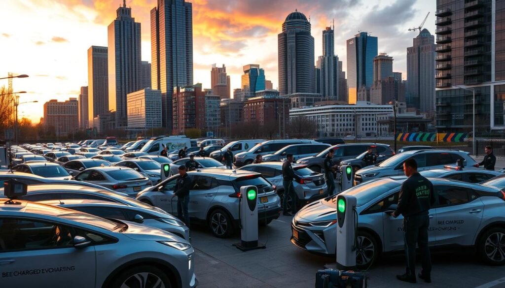 A fleet of sleek, futuristic electric vehicles (EVs) gathers in a bustling urban setting, their "BEE CHARGED EV MOBILE CHARGING" branding prominently displayed. In the foreground, a team of technicians expertly connect the vehicles to portable charging stations, their neon-lit interfaces casting a vibrant glow. The middle ground reveals a diverse array of commercial and municipal EVs, representing the local community's commitment to sustainable transportation. In the background, the towering skyscrapers of the Bronx skyline provide a dramatic backdrop, bathed in the warm hues of the setting sun. The scene conveys a sense of urgency and innovation, perfectly capturing the essence of the "Supporting Local Fleets with On-Demand Charging" section.