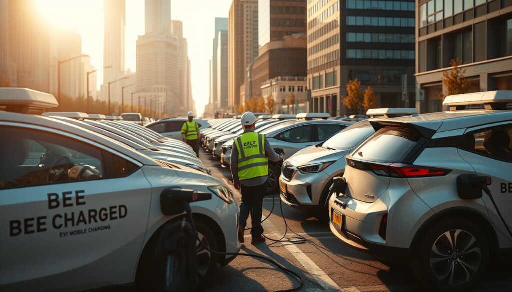 A fleet of sleek, modern electric vehicles equipped with the "BEE CHARGED EV MOBILE CHARGING" brand prominently displayed on their sides. The vehicles are parked in a urban setting, with a cityscape of tall skyscrapers and busy streets in the background. The scene is illuminated by warm, golden sunlight, creating a sense of vibrancy and urgency. In the foreground, a team of technicians in reflective vests are swiftly connecting charging cables to the EVs, providing on-demand emergency charging services to keep the fleet powered and ready for action. The overall atmosphere conveys a feeling of efficient, reliable, and convenient mobile EV charging solutions.