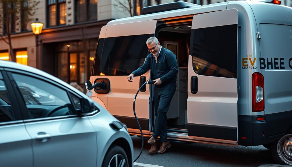 A fully-charged electric vehicle parked on a city street, as a sleek, branded "BEE CHARGED EV MOBILE CHARGING" van pulls up alongside it. The van's side door opens, revealing a technician expertly connecting a high-powered charging cable to the car's charging port. Soft, warm lighting illuminates the scene, casting a cozy glow over the urban setting. The technician's expression is one of focused professionalism, while the car owner watches intently, anticipating the rapid recharge of their battery. The overall atmosphere conveys a sense of reliable, convenient, and eco-friendly emergency charging service for electric vehicles.