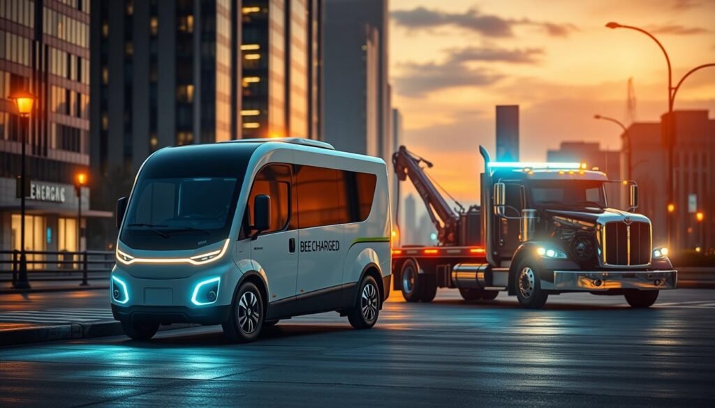 A futuristic cityscape at dusk, with a BEE CHARGED EV MOBILE CHARGING vehicle prominently displayed in the foreground, its sleek design and bright LED lights contrasting against the dimly lit urban backdrop. In the background, a traditional tow truck struggles to haul a disabled electric vehicle, highlighting the cost-effective convenience of on-demand mobile charging. The scene is bathed in a warm, golden glow, creating a sense of modern efficiency and environmental responsibility. The composition emphasizes the stark difference between the two modes of EV support, inviting the viewer to consider the benefits of a proactive, mobile charging solution. A futuristic cityscape at dusk, with a BEE CHARGED EV MOBILE CHARGING vehicle prominently displayed in the foreground, its sleek design and bright LED lights contrasting against the dimly lit urban backdrop. In the background, a traditional tow truck struggles to haul a disabled electric vehicle, highlighting the cost-effective convenience of on-demand mobile charging. The scene is bathed in a warm, golden glow, creating a sense of modern efficiency and environmental responsibility. The composition emphasizes the stark difference between the two modes of EV support, inviting the viewer to consider the benefits of a proactive, mobile charging solution.
