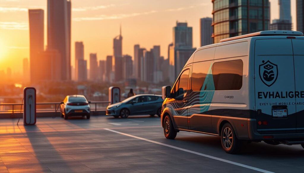 A futuristic cityscape, bathed in warm sunset hues, with a sleek, modern "BEE CHARGED EV MOBILE CHARGING" van prominently displayed in the foreground. The van's side features a bold, eye-catching logo and branding. In the middle ground, a group of electric vehicles are being charged by the mobile unit, their drivers engaged in conversation. The background features a bustling urban landscape, with towering skyscrapers and a vibrant, dynamic atmosphere. The scene conveys a sense of convenience, sustainability, and the seamless integration of mobile EV charging into the fabric of the city.