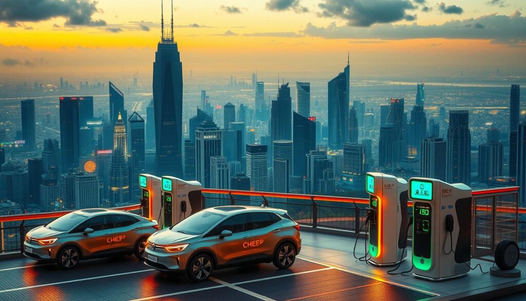 A futuristic cityscape with towering skyscrapers and a sprawling skyline. In the foreground, a fleet of autonomous electric vehicles charging at sleek, cutting-edge BEE CHARGED EV MOBILE CHARGING stations. The stations feature advanced, modular designs with flexible charging capabilities. Holographic displays provide real-time data and intuitive user interfaces. The scene is bathed in a warm, neon-tinged glow, conveying a sense of technological innovation and progress. Seamless integration of mobile charging services with the urban landscape, showcasing the future of efficient, on-the-go EV charging.