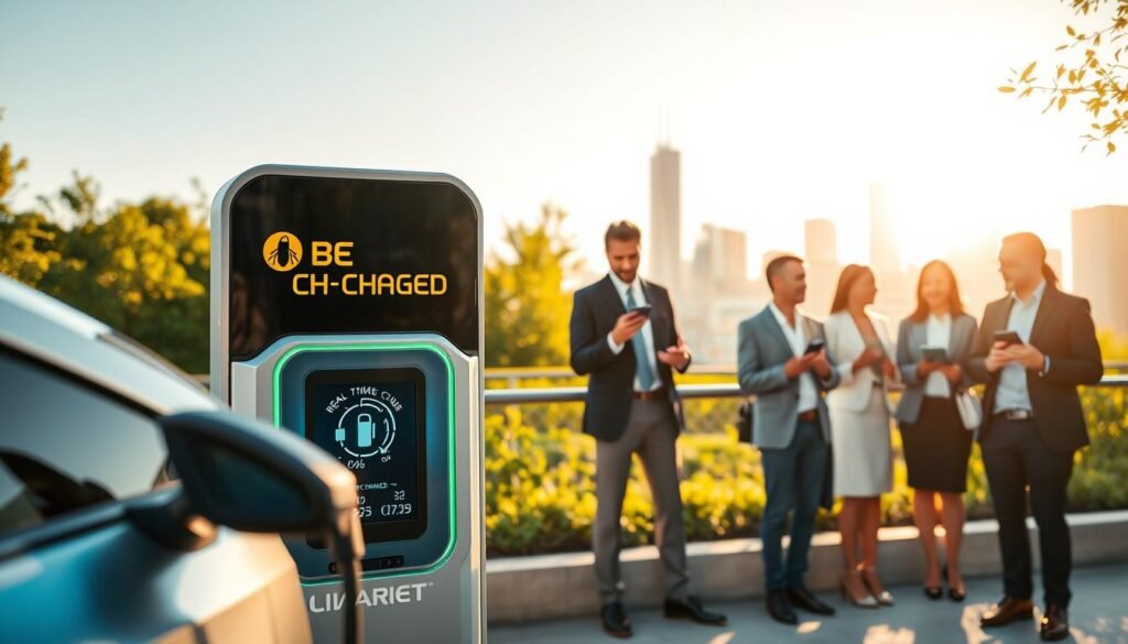 A futuristic mobile charging station, prominently featuring the brand name "BEE CHARGED EV MOBILE CHARGING." In the foreground, a sleek electric vehicle is plugged into the charging unit, with a digital display showing real-time charging efficiency metrics. The midground depicts a diverse group of professionals in business attire, engaging in productive discussions while waiting, with their phones connected to portable chargers. The background features a bright, modern urban landscape bathed in warm sunlight, with greenery and city buildings blending harmoniously. The lighting is soft yet vibrant, creating an inviting atmosphere that conveys innovation and efficiency. The angle is slightly elevated, capturing both the charging station and the bustling activity, encapsulating the theme of reducing wait times and enhancing efficiency.