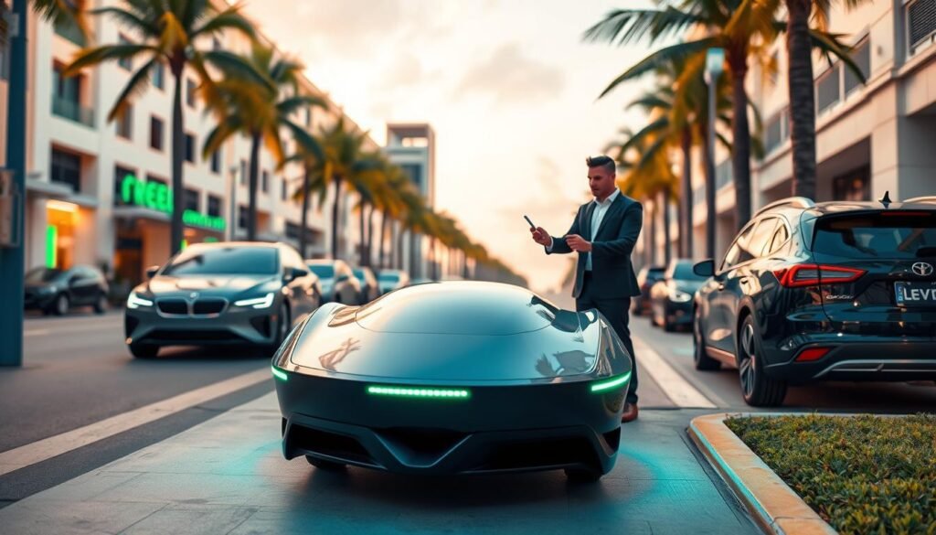 A futuristic scene showcasing "BEE CHARGED EV MOBILE CHARGING" technology in action, prominently featuring a sleek, advanced mobile charging unit. In the foreground, the charging unit is designed with smooth lines and glowing LED indicators, exuding cutting-edge sophistication. The middle ground displays a well-dressed professional engaging with a user-friendly touchscreen interface, illustrating intuitive functionality. The background features a bustling South Florida street, with palm trees and electric vehicles parked, capturing the vibrant atmosphere of the region. Soft, ambient lighting highlights the charging unit, while a blue and green color palette conveys eco-friendliness and innovation. The angle should be slightly elevated, offering a clear view of the charging unit and its surroundings, instilling a sense of progress and hope for the future of mobile charging technology. A futuristic scene showcasing "BEE CHARGED EV MOBILE CHARGING" technology in action, prominently featuring a sleek, advanced mobile charging unit. In the foreground, the charging unit is designed with smooth lines and glowing LED indicators, exuding cutting-edge sophistication. The middle ground displays a well-dressed professional engaging with a user-friendly touchscreen interface, illustrating intuitive functionality. The background features a bustling South Florida street, with palm trees and electric vehicles parked, capturing the vibrant atmosphere of the region. Soft, ambient lighting highlights the charging unit, while a blue and green color palette conveys eco-friendliness and innovation. The angle should be slightly elevated, offering a clear view of the charging unit and its surroundings, instilling a sense of progress and hope for the future of mobile charging technology.