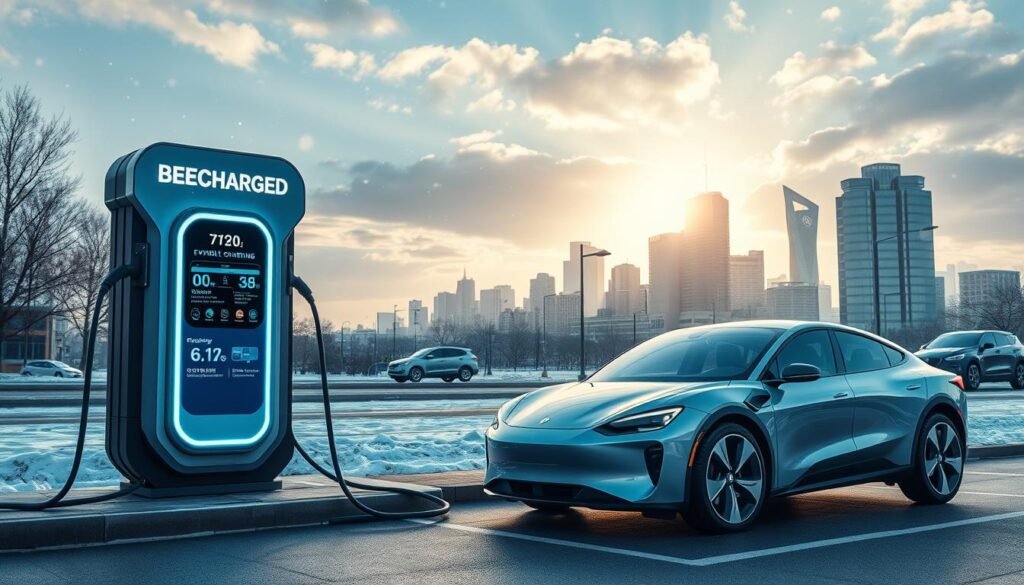 A futuristic scene showcasing advanced EV charging technology in a vibrant urban setting. In the foreground, a sleek electric vehicle is parked at a futuristic charging station branded "BEE CHARGED EV MOBILE CHARGING," featuring interactive digital displays and innovative charging ports. The middle ground includes charging cables transitioning seamlessly into the vehicle, with dynamic charging animations illustrating efficiency. In the background, a bustling cityscape under a beautiful winter sky, with soft, diffused sunlight illuminating falling snowflakes. The atmosphere is optimistic and cutting-edge, emphasizing reliability in EV charging. A wide-angle view captures the entire setup, highlighting the harmony of technology and urban life. The mood is energizing and forward-looking, inviting viewers into a world where EVs thrive confidently in winter conditions.