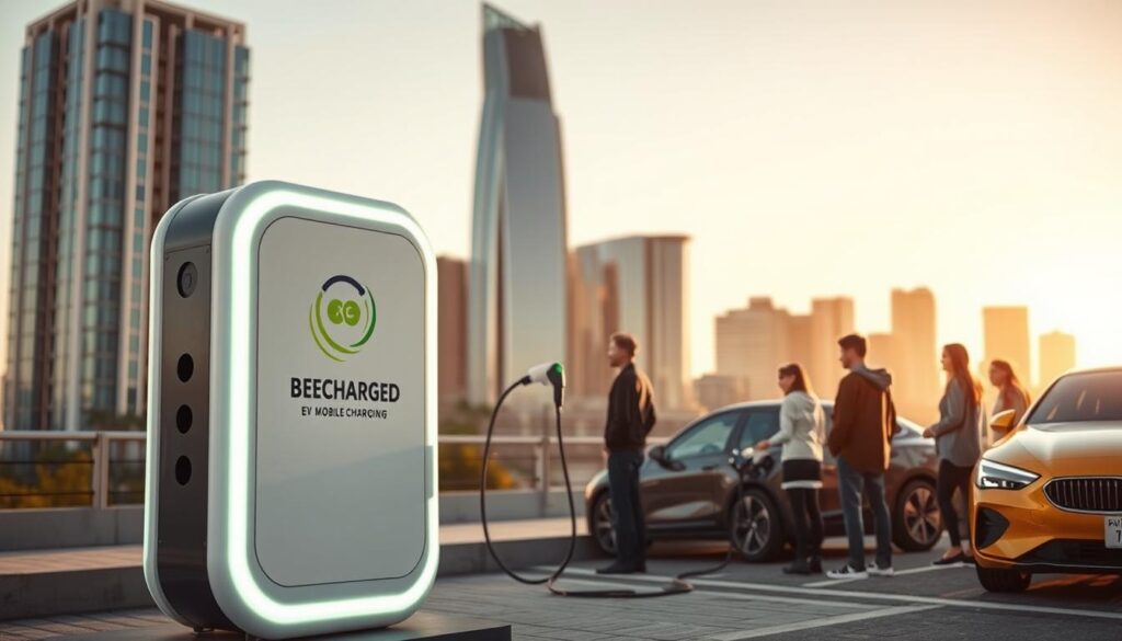 A futuristic, sleek and environmentally-friendly mobile EV charging station, emblazoned with the "BEE CHARGED EV MOBILE CHARGING" brand name, stands prominently in the foreground. The station is surrounded by a cityscape with modern high-rise buildings in the background, bathed in warm, golden lighting that creates a sense of progress and innovation. In the middle ground, EV owners eagerly wait their turn to plug in, highlighting the convenience and accessibility of this mobile charging service. The scene conveys the advantages of on-demand, efficient, and emission-free EV charging, designed to capture the reader's attention and showcase the benefits of the Altadena Mobile EV Charging Service.