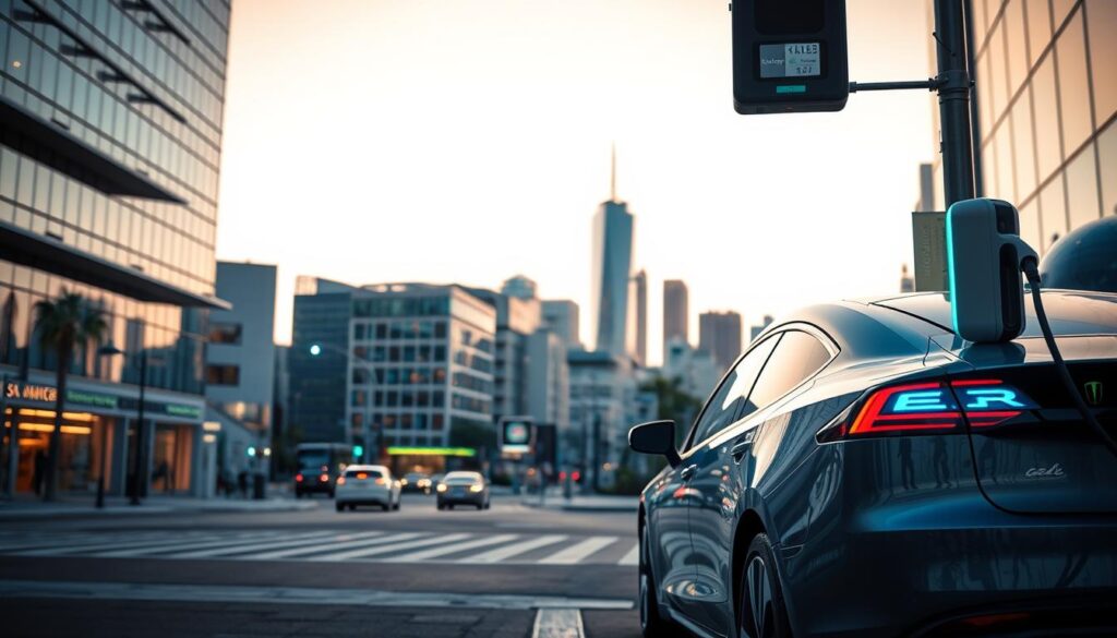 A futuristic urban landscape with the "BEE CHARGED EV MOBILE CHARGING" service prominently featured. In the foreground, a sleek, electric vehicle is connected to a high-powered, Level 3 charging station, its vibrant LED lights illuminating the scene. In the middle ground, modern commercial buildings and a bustling street create a dynamic backdrop, while in the distance, the iconic skyline of San Jose's downtown district rises, bathed in a warm, golden glow from the setting sun. The atmosphere is one of innovation, sustainability, and progress, capturing the essence of San Jose's commitment to advancing electric vehicle infrastructure.