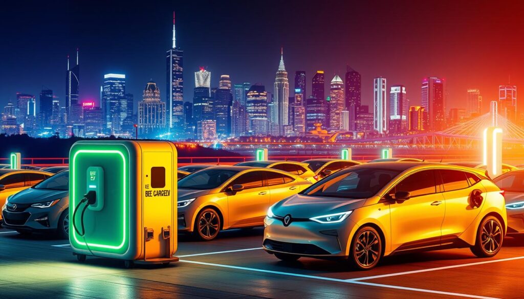 A gleaming fleet of futuristic BEE CHARGED EV MOBILE CHARGING vehicles, their sleek silhouettes bathed in a soft, warm glow. In the foreground, a BEE CHARGED EV unit stands ready, its powerful charging ports poised to energize the next electric car. The middle ground showcases a diverse array of vehicles, from compact sedans to towering SUVs, all connected to the network of BEE CHARGED EV stations. In the background, a striking cityscape of skyscrapers and infrastructure, symbolizing the national scale of this innovative mobile charging leadership. Vibrant, dynamic lighting casts a sense of progress and innovation, capturing the essence of BEE CHARGED EV's surge to the forefront of the EV charging revolution.