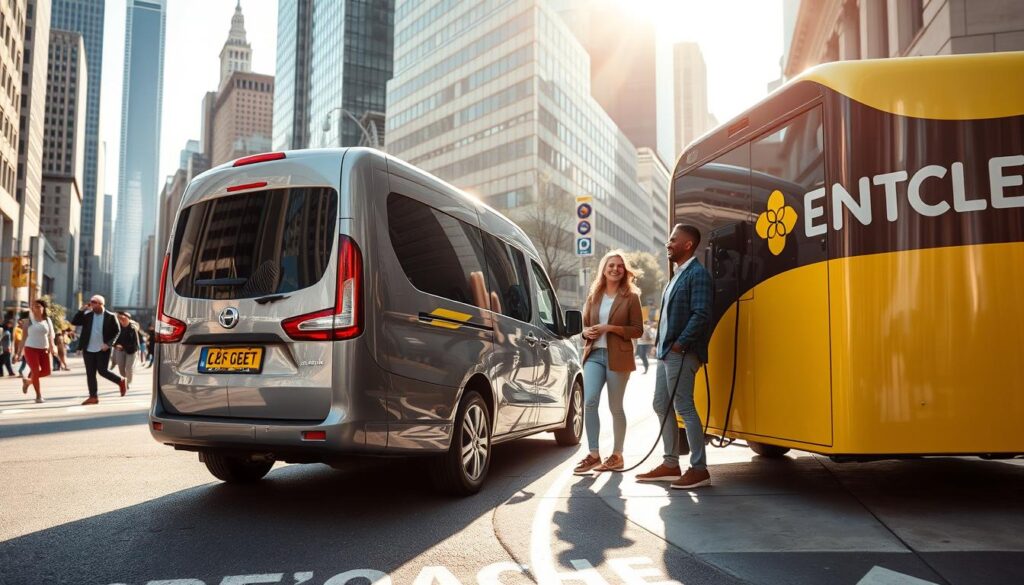 A gleaming silver-and-yellow "BEE CHARGED EV MOBILE CHARGING" van parked on a sun-dappled city street, its charging port extending like a mechanical tentacle to power an electric vehicle. In the foreground, a couple stands beside their car, smiling as they watch the effortless transfer of energy. The urban landscape behind them is crisp and detailed, with towering skyscrapers and bustling pedestrians, creating a dynamic, modern atmosphere. Soft, diffused lighting accentuates the sleek, futuristic design of the mobile charger, conveying the convenience and accessibility of this innovative service.