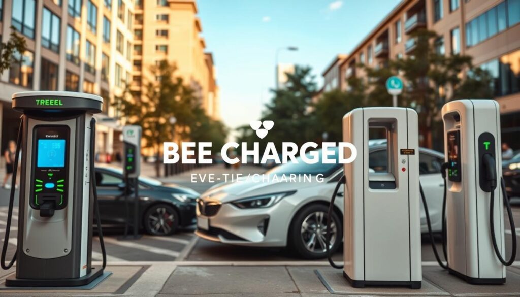 A high-quality, detailed image showcasing various types of electric vehicle (EV) charging stations. The image should prominently feature the "BEE CHARGED EV MOBILE CHARGING" brand, capturing the essence of public charging options available today. The foreground should depict a range of EV charging stations, including Level 1, Level 2, and DC fast-charging units, each with distinct visual cues and designs. The middle ground should showcase a well-lit, modern urban setting, with buildings, trees, and pedestrians in the background, creating a sense of a bustling public environment. The lighting should be natural and warm, highlighting the sleek, high-tech appearance of the charging stations. The camera angle should be slightly elevated, providing a comprehensive view of the scene and conveying a sense of accessibility and practicality for EV owners. The overall mood should be one of progress, sustainability, and the future of transportation, reflecting the article's focus on public charging and EV fleet