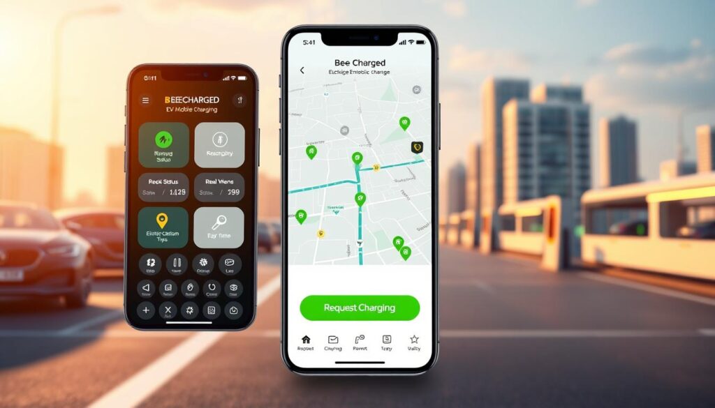 A high-tech mobile app interface showcasing the "BEE CHARGED EV MOBILE CHARGING" brand, with a sleek, modern design featuring intuitive controls and real-time data visualizations. The app's foreground displays a prominent "Request Charging" button, surrounded by icons for charging status, reservation management, and payment options. The middle ground features a map view highlighting nearby charging stations, while the background depicts a futuristic cityscape with electric vehicles and charging infrastructure. The lighting is warm and inviting, creating a sense of accessibility and convenience for EV owners. The overall mood conveys efficiency, reliability, and a commitment to sustainable mobility solutions.