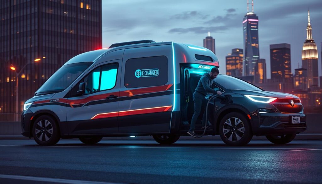 A high-tech mobile charging unit, the "BEE CHARGED EV MOBILE CHARGING" van, rushes to the scene of a stranded electric vehicle. Sleek and futuristic, the van's exterior is bathed in a soft neon glow, casting an ethereal light on the surrounding urban landscape. The operator deftly connects the charging cable, providing a much-needed boost of power to the awaiting EV. In the background, the city skyline stands tall, a testament to the growing demand for sustainable transportation solutions. The image conveys a sense of urgency and innovation, capturing the essence of "Emergency EV Charging Solutions" for delivery fleets in New Jersey.