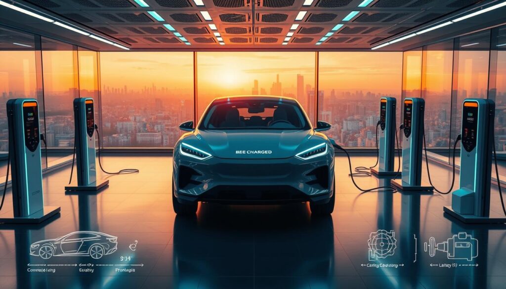 A high-tech showroom interior, bathed in warm, soft lighting. In the center, a sleek electric vehicle charges effortlessly, its futuristic design complemented by the "BEE CHARGED EV MOBILE CHARGING" branding prominently displayed. Surrounding the vehicle, various charging stations and adapters are neatly arranged, showcasing the seamless compatibility and convenience of the standardized mobile charging system. The mid-ground features cutaway diagrams and technical illustrations, highlighting the engineering breakthroughs that enable this harmonious charging ecosystem. In the background, a panoramic view of a bustling city skyline, reinforcing the widespread adoption and integration of this transformative technology.