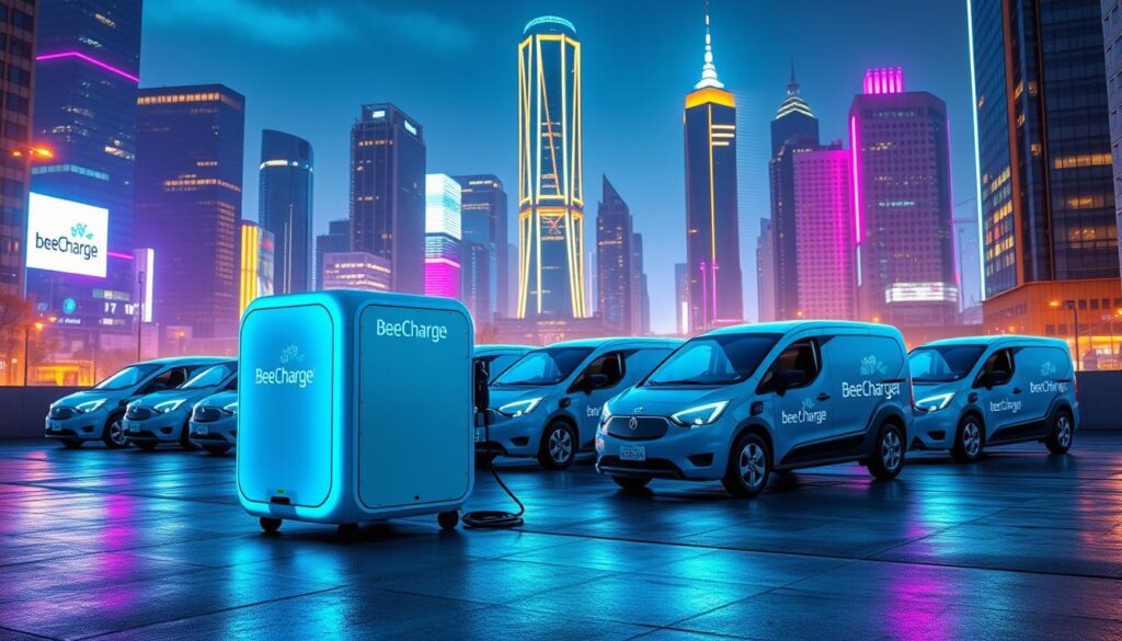 A high-tech, ultra-modern image of the "BeeCharge EV Services Overview". In the foreground, a sleek, electric-blue BeeCharge mobile charging unit with a sophisticated, minimalist design. The middle ground showcases a fleet of BeeCharge vehicles, each emblazoned with the brand name "BEE CHARGED EV MOBILE CHARGING", surrounded by a dynamic, urban cityscape. In the background, towering skyscrapers and a vibrant neon-lit night sky create an futuristic, energetic atmosphere. The lighting is crisp, clean, and dramatic, highlighting the advanced technology and premium services of BeeCharge. The overall mood is one of innovation, efficiency, and the cutting edge of mobile EV charging solutions.