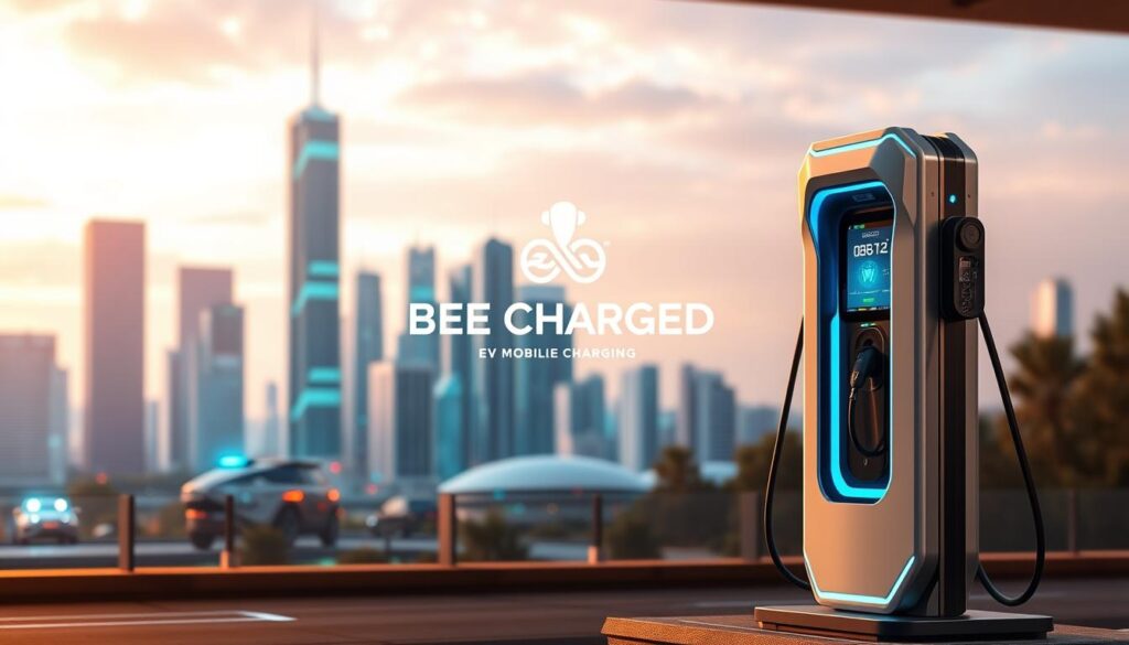 A high-tech, ultramodern charging station for electric vehicles stands prominently in the foreground, its sleek, streamlined design and vibrant neon-blue accents catching the eye. In the middle ground, the "BEE CHARGED EV MOBILE CHARGING" brand logo is displayed, conveying a sense of efficiency and reliability. The background showcases a futuristic cityscape, with towering skyscrapers and a vibrant, electric-blue sky, creating an atmosphere of innovation and progress. The scene is illuminated by a warm, diffused lighting, highlighting the advanced technology and the importance of fast, convenient EV charging solutions.