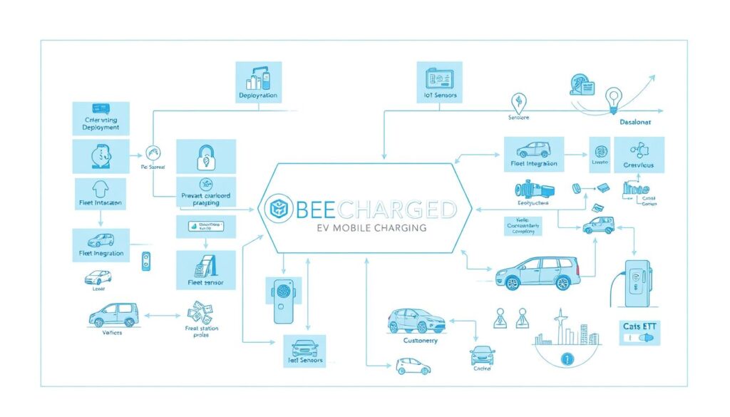 A highly detailed, technical schematic diagram depicting the CaaS (Charging as a Service) process. The diagram should have a clean, blueprint-like aesthetic, rendered in shades of blue and grey against a stark white background. The foreground should feature a central flow chart with interconnected modules representing the key steps of the CaaS service, including charging station deployment, fleet integration, and customer billing. The middle ground should showcase various IoT sensors, charging infrastructure, and fleet vehicles, all rendered with precise engineering-style illustrations. In the background, include the "BEE CHARGED EV MOBILE CHARGING" brand logo, prominently displayed to establish the service provider's identity. The overall mood should convey a sense of efficiency, reliability, and technological innovation in the Charging as a Service industry.