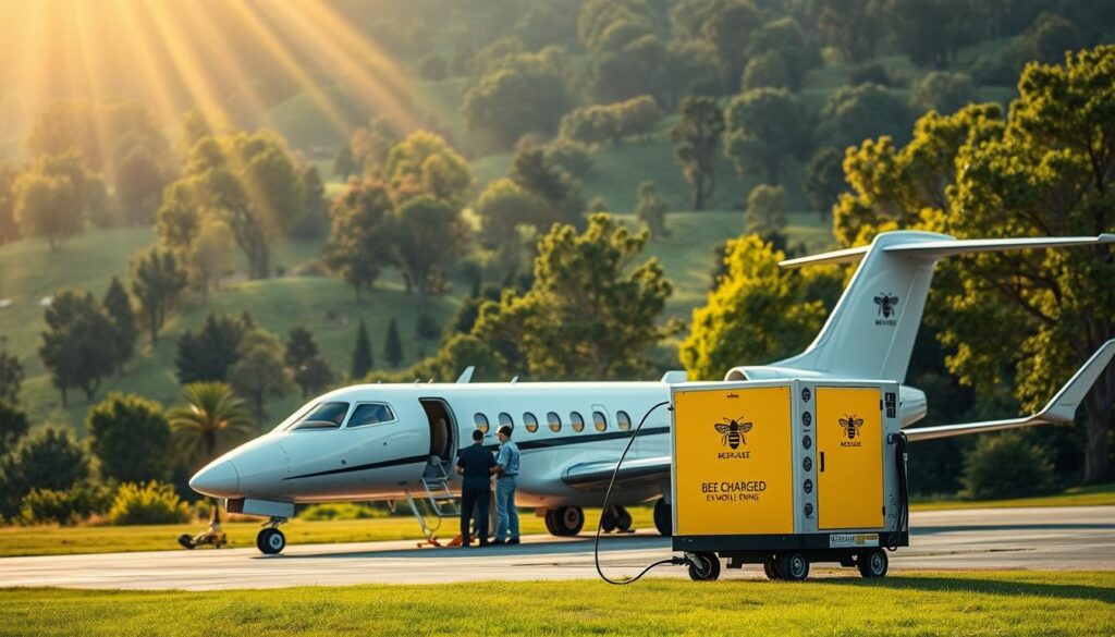 A lush, verdant landscape with rolling hills and towering trees in the background. In the foreground, a sleek, modern private jet is being meticulously detailed by a team of skilled technicians. The BEE CHARGED EV MOBILE CHARGING station is prominently displayed, its bright yellow exterior and the iconic bee logo standing out against the natural surroundings. Beams of warm, golden light filter through the trees, casting a soft, ethereal glow over the scene. The jet's polished surface reflects the vibrant greenery, highlighting the environmental benefits of this aircraft detailing process. The atmosphere is one of tranquility and harmony, showcasing the intersection of technology and nature.