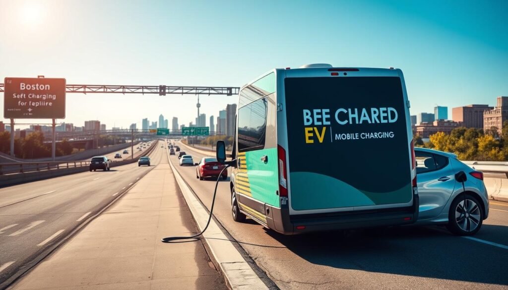 A mobile electric vehicle charging service van, branded "BEE CHARGED EV MOBILE CHARGING", parked alongside the Massachusetts Turnpike. In the foreground, the sleek van is open, with an electric charging cable extending towards a modern electric vehicle parked beside it. The middle ground features a busy highway with cars and traffic signs indicating proximity to Boston. In the background, visible cityscape of Boston with iconic skyline elements, under a clear blue sky. Soft, natural lighting enhances the scene, capturing a sense of efficiency and accessibility. The atmosphere is vibrant and dynamic, symbolizing innovation in electric vehicle solutions, and conveying the message of convenience for drivers on the go. A mobile electric vehicle charging service van, branded "BEE CHARGED EV MOBILE CHARGING", parked alongside the Massachusetts Turnpike. In the foreground, the sleek van is open, with an electric charging cable extending towards a modern electric vehicle parked beside it. The middle ground features a busy highway with cars and traffic signs indicating proximity to Boston. In the background, visible cityscape of Boston with iconic skyline elements, under a clear blue sky. Soft, natural lighting enhances the scene, capturing a sense of efficiency and accessibility. The atmosphere is vibrant and dynamic, symbolizing innovation in electric vehicle solutions, and conveying the message of convenience for drivers on the go.