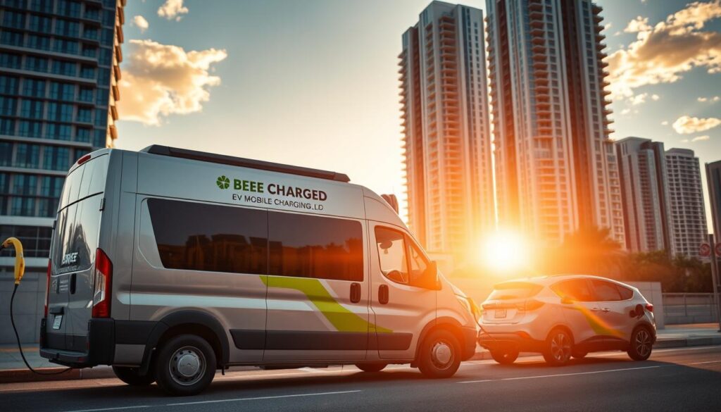 A mobile electric vehicle charging station in an urban setting, with a sleek, futuristic "BEE CHARGED EV MOBILE CHARGING" van parked on the street. The van's charging ports are extended, connecting to an EV parked nearby. The scene is bathed in a warm, golden glow from the setting sun, casting long shadows and creating a sense of tranquility. In the background, a modern cityscape with high-rise buildings and a clear sky. The overall atmosphere conveys the efficiency and convenience of on-demand mobile EV charging, a crucial solution for Miami's sustainable transportation needs.