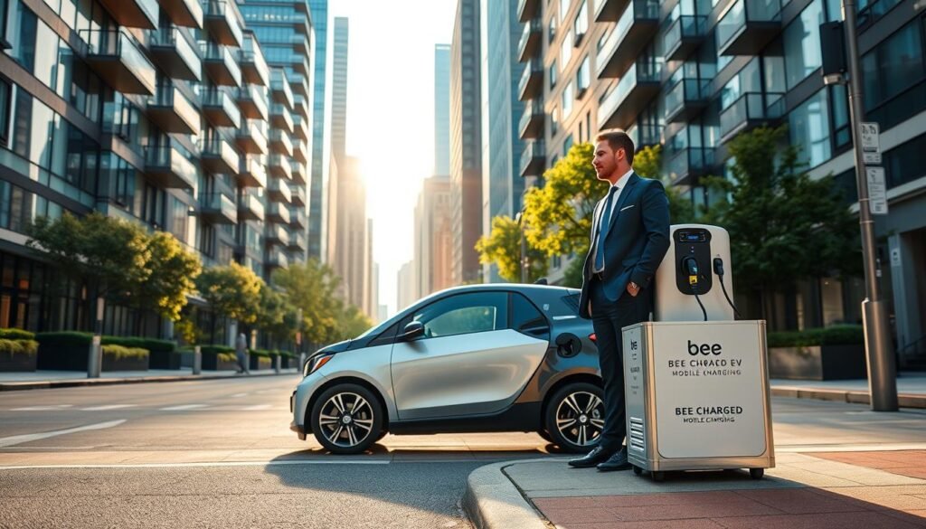 A modern Boston street scene featuring mobile EV charging solutions for condominium and apartment owners without garage access. In the foreground, a sleek, compact electric vehicle is parked next to a state-of-the-art mobile charging unit branded "BEE CHARGED EV MOBILE CHARGING." The unit is prominently displayed, sleek and ergonomic, showcasing its innovative design with LED indicators lit. In the middle ground, clear glass-fronted condos and apartment buildings reflect the urban environment, with greenery lining the streets, creating a welcoming atmosphere. The background captures the essence of Boston architecture and skyline. Bright, natural lighting with a late afternoon glow sets a warm and inviting mood, while a professional individual dressed in business attire observes the charging process, representing eco-conscious urban living.