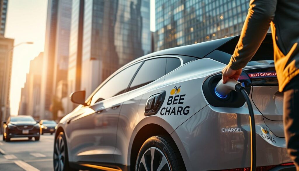 A modern and sleek electric vehicle with the "BEE CHARGED EV MOBILE CHARGING" logo prominently displayed on its side, surrounded by a bustling urban landscape. In the foreground, a person plugging in their car, showcasing the convenience and accessibility of the mobile charging service. The scene is bathed in a warm, golden light, creating a sense of comfort and efficiency. The background features towering skyscrapers, giving the image a dynamic and vibrant atmosphere. The overall composition highlights the seamless integration of mobile EV services into the daily lives of urban dwellers, emphasizing the ease and reliability of staying powered on the go.