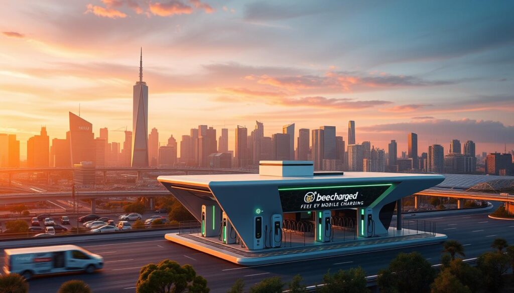 A modern city skyline at dusk, with a sleek, futuristic electric vehicle fleet charging hub in the foreground. The hub features the BEE CHARGED EV MOBILE CHARGING brand, with several charging stations and a central control tower. In the background, a busy urban landscape with skyscrapers, highways, and a hint of renewable energy infrastructure. The scene is bathed in a warm, golden glow, conveying a sense of efficiency, innovation, and environmental consciousness. The camera angle is slightly elevated, offering a comprehensive view of the charging-as-a-service ecosystem.