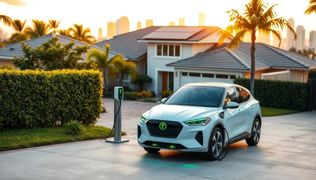 A modern, cost-effective EV charging station situated in a residential driveway, showcasing the innovative "BEE CHARGED EV MOBILE CHARGING" unit. In the foreground, a sleek electric vehicle is plugged into the compact, eco-friendly charging station, glowing softly with green LED indicators. The middle ground features a well-maintained suburban home, with lush greenery and solar panels on the roof, emphasizing sustainability. In the background, the Miami skyline can be seen, bathed in golden hour light, giving a warm, inviting atmosphere. Capture the scene from a slightly elevated angle, highlighting the vibrant colors and clean design. The overall mood is one of convenience, sustainability, and progress, reflecting the future of electric vehicle charging.
