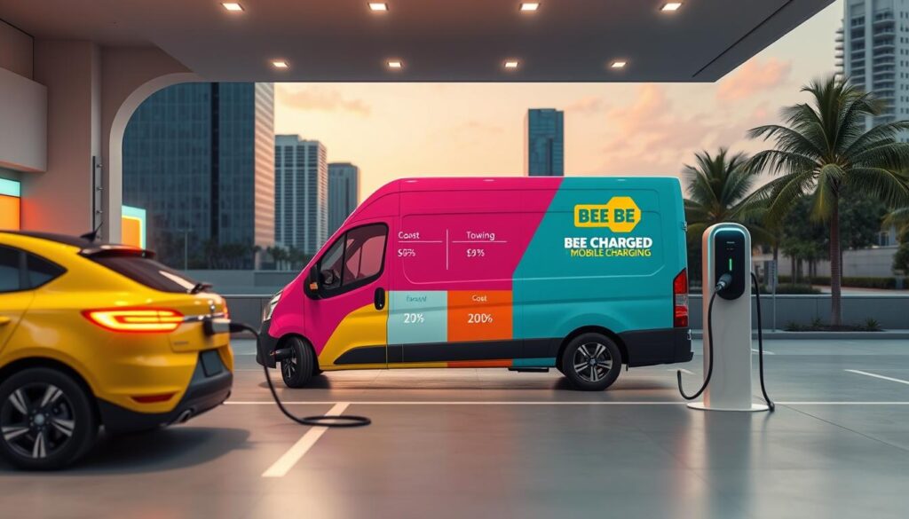 A modern electric vehicle charging station in a sleek, minimalist design. A BEE CHARGED EV MOBILE CHARGING van is prominently displayed, its vibrant colors and bold branding catching the eye. The foreground showcases the charging process, with a car plugged in and the van's charging cable extended. The middle ground features a comparison chart highlighting the cost differences between mobile charging and towing. The background presents a clean, urban setting with skyscrapers and palm trees, creating a sense of Miami's dynamic environment. Soft, directional lighting casts warm hues, accentuating the technological elements and evoking a sense of efficiency and convenience.