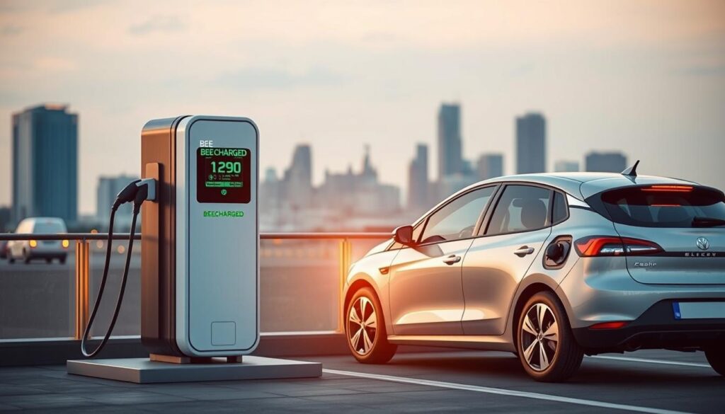 A modern electric vehicle charging station, its sleek BEE CHARGED EV MOBILE CHARGING unit prominently displayed. In the foreground, a compact sedan is being charged, its driver observing the smooth, efficient process. The middle ground features a city skyline, suggesting the practicality of mobile charging in urban environments. Warm, golden lighting casts a soft glow, highlighting the cost-effectiveness and convenience of this mobile solution compared to traditional stationary charging stations. The overall scene conveys a sense of innovation, progress, and the seamless integration of electric vehicles into everyday life.