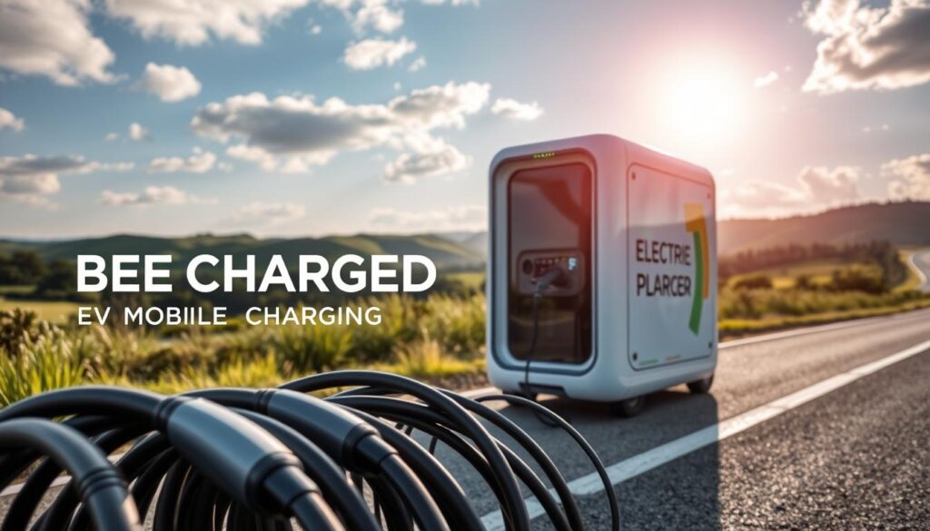 A modern electric vehicle charging station on a serene roadside, with the "BEE CHARGED EV MOBILE CHARGING" brand prominently displayed. The foreground showcases an array of charging cables, neatly coiled and ready to connect to various EV models. In the middle ground, a sleek, futuristic-looking mobile charging unit stands, its dynamic, modular design hinting at its versatility. The background features a picturesque landscape, with rolling hills, lush greenery, and a vibrant, sun-dappled sky, conveying a sense of eco-friendly, sustainable energy. The overall scene exudes a calming, efficient, and technologically advanced ambiance, enticing viewers to consider the benefits of mobile EV charging services.