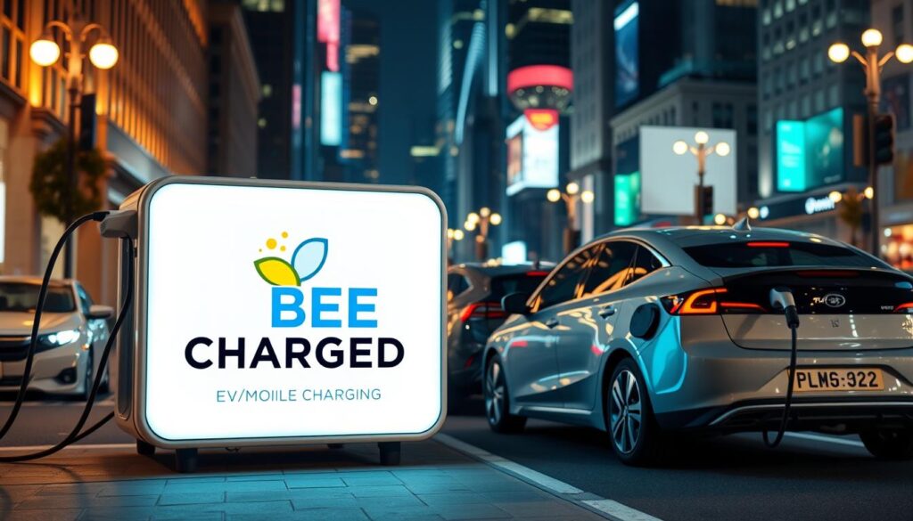 A modern electric vehicle charging station, with sleek, minimalist design, situated on a well-lit city street. In the foreground, the "BEE CHARGED EV MOBILE CHARGING" logo is prominently displayed, its vibrant colors and clean lines catching the eye. The middle ground features several EVs of various makes and models, their charging ports connected to the station's charging points. The background showcases a bustling urban landscape, with towering skyscrapers and the glow of streetlights creating a dynamic, metropolitan atmosphere. The lighting is soft and warm, creating a welcoming and inviting ambiance. The camera angle is slightly elevated, offering a comprehensive view of the scene and emphasizing the convenience and accessibility of the mobile EV charging station.