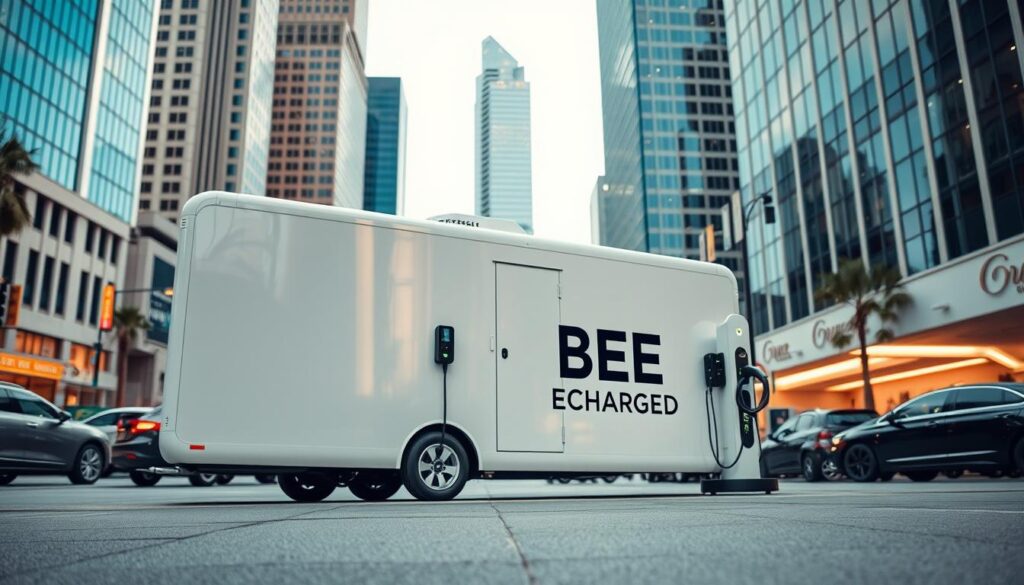 A modern, high-tech mobile level 3 charging rental station in the heart of Los Angeles. The sleek, minimalist design of the BEE CHARGED EV MOBILE CHARGING unit commands attention, its glossy white exterior and bold branding catching the eye. The unit is positioned in a bustling urban setting, surrounded by towering skyscrapers and the vibrant energy of the city. Soft, diffused lighting illuminates the scene, creating a warm and inviting atmosphere. The camera angle showcases the unit's impressive size and capability, highlighting its role as a convenient and accessible charging solution for electric vehicles in the LA area.