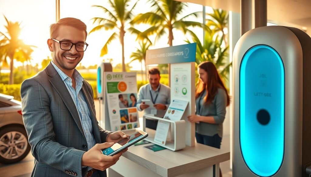 A modern, inviting scene depicting a step-by-step membership registration process for "BEE CHARGED EV MOBILE CHARGING." In the foreground, a smiling professional wearing business attire interacts with a sleek tablet, showcasing the registration app interface. The middle ground features a bright, well-organized registration booth with informational brochures and a friendly staff member assisting another potential member. In the background, a sunny South Florida landscape is visible, with palm trees and EV charging stations highlighting the eco-friendly environment. The lighting is warm and welcoming, emphasizing a friendly atmosphere. Use a slightly elevated angle for a dynamic perspective that captures the essence of ease and accessibility in signing up for on-demand EV charging membership. The image should evoke a sense of innovation and community engagement.