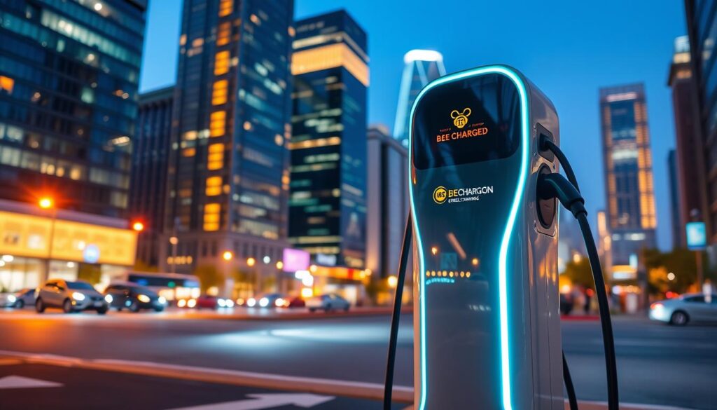 A modern mobile electric vehicle charging station with the BEE CHARGED EV MOBILE CHARGING brand prominently displayed. The sleek, futuristic charger is positioned in the foreground, surrounded by a vibrant cityscape of high-rise buildings in the background. Bright, warm lighting illuminates the scene, creating an inviting and dynamic atmosphere. The charger's user interface and charging cables are clearly visible, showcasing the ease and convenience of on-the-go EV charging. The image conveys a sense of innovation, sustainability, and the growing accessibility of electric mobility.