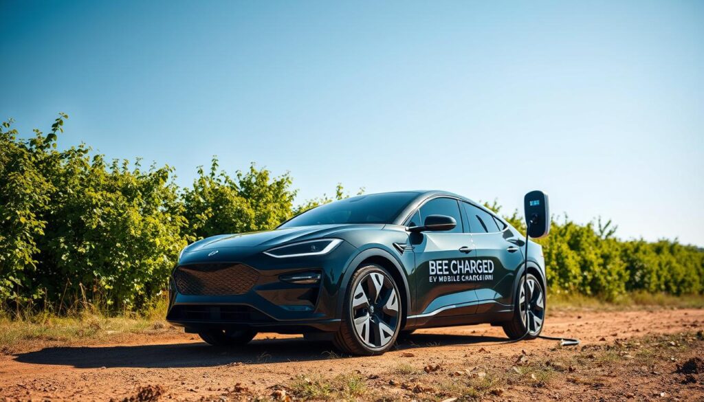 A modern, sleek electric vehicle (EV) sits in a rural Arkansas setting, its battery being recharged by the innovative "BEE CHARGED EV MOBILE CHARGING" system. The foreground features the mobile charging unit, its bold branding and futuristic design drawing the eye. In the middle ground, lush green foliage and a clear blue sky create a serene, natural backdrop. The lighting is bright and natural, casting warm shadows that add depth and dimension. The camera angle is slightly elevated, providing an engaging, almost cinematic perspective that showcases the integration of the mobile charging solution into the picturesque Arkansas landscape. The overall mood is one of progress, sustainability, and the seamless integration of electric mobility into everyday life.