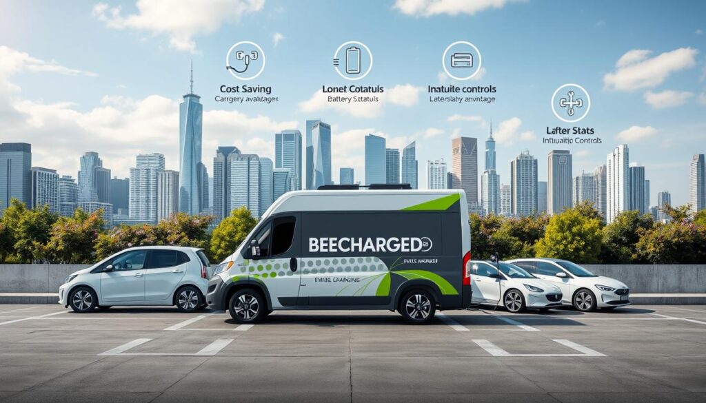 A modern, sleek electric vehicle charging station set against a vibrant cityscape. In the foreground, the BEE CHARGED EV MOBILE CHARGING van stands prominently, its bold branding and clean design capturing attention. Surrounding the van, various cost-saving advantages are illustrated through dynamic visual elements: charging cables snaking out, battery status indicators, and intuitive controls. The middle ground features a diverse array of EVs, each seamlessly integrating with the mobile charging solution. In the background, a skyline of towering skyscrapers and lush greenery creates an urban, progressive atmosphere, highlighting the sustainable and forward-thinking nature of the mobile charging service.