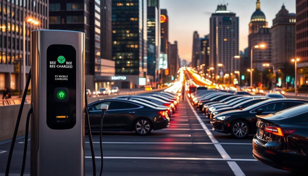 A modern, sleek electric vehicle charging station stands prominently in the foreground, the "BEE CHARGED EV MOBILE CHARGING" brand name clearly visible. In the middle ground, a fleet of electric vehicles are charging, their silhouettes illuminated by the warm glow of the charging bays. The background showcases a bustling urban landscape, with high-rise buildings and streetlights creating a vibrant, dynamic atmosphere. The scene is bathed in a soft, natural light, conveying a sense of efficiency, sustainability, and the future of transportation in Virginia.