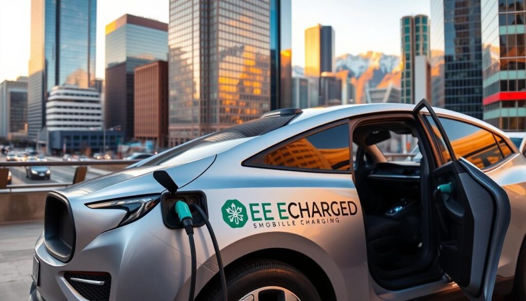 A modern, sleek electric vehicle equipped with the "BEE CHARGED EV MOBILE CHARGING" logo prominently displayed on its side. The vehicle is parked in a bustling urban setting, surrounded by towering skyscrapers and modern infrastructure. The foreground features the EV's charging port and a charger cable connected, highlighting the mobile charging capabilities. The middle ground showcases the vehicle's advanced interior, with a dashboard and touchscreen display visible through the open door. The background depicts the vibrant cityscape of Denver, CO, with the iconic Rocky Mountains visible in the distance, bathed in warm, golden hour lighting. The overall scene conveys the convenience and accessibility of mobile EV charging in the heart of Denver.
